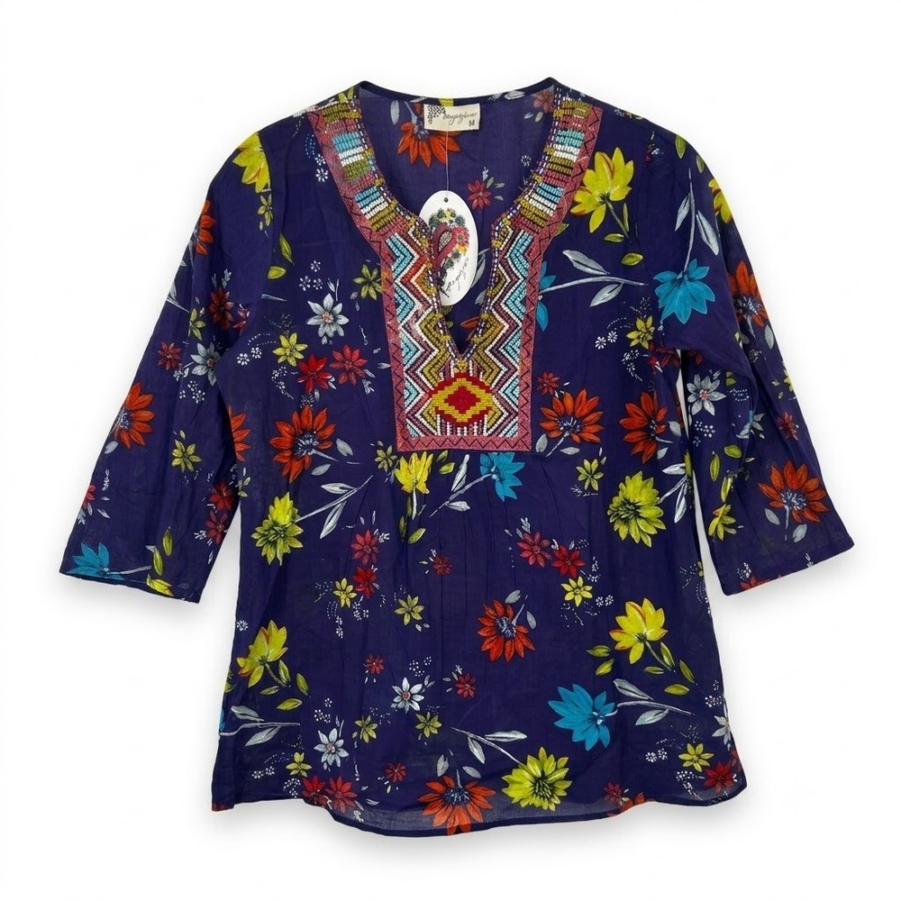 NEW Magazine Womens Medium Purple Floral Cotton Embroidered Boho Tunic Top - CJ